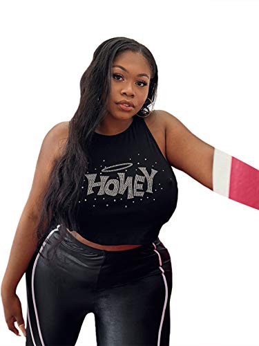 Floerns Women's Plus Size Letter Graphic Sleeveless Round Neck Crop Tank Top Black 4XL