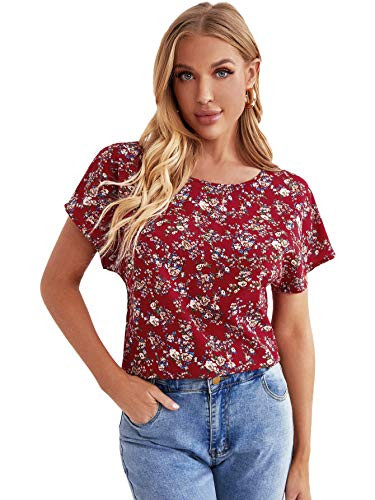 SheIn Women's Ditsy Floral Blouse Shirt Short Batwing Sleeve Round Neck Tops Burgundy S