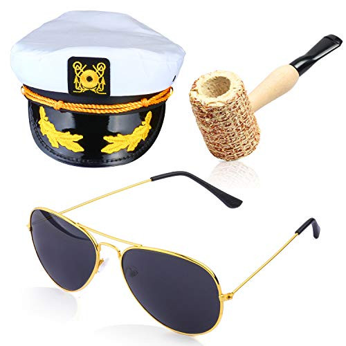 Beelittle Yacht Captain Hat Costume Accessories Set Sailor Hat with Corn Cob Pipe  and  Aviator Sunglasses -B-