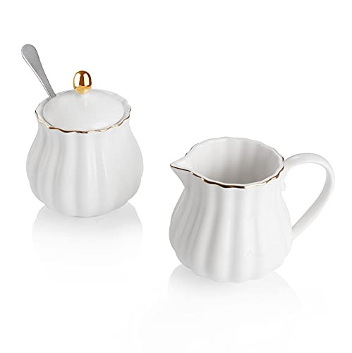 Amazingware Royal Porcelain Creamer and Sugar Set, 3 Piece Set with Cream Pitcher, Sugar Bowl, Sugar Set with Lid  and  Spoon, Coffee Serving Set Wedding Gift - White