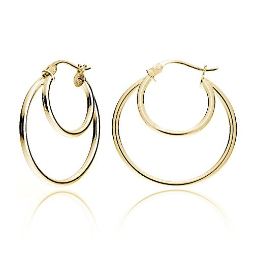 Hoops  and  Loops Yellow Gold Flash over Sterling Silver Double Circle Round Polished Hoop Earrings, 25mm