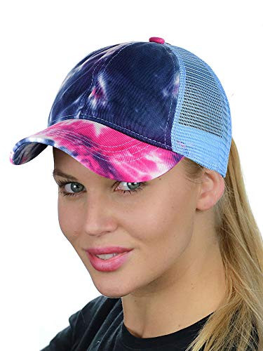 C.C Ponycap Messy High Bun Ponytail Adjustable Mesh Trucker Baseball Cap Hat, Tie Dye Navy