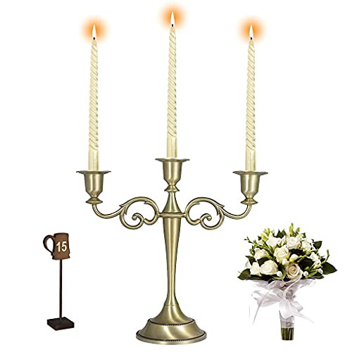 Candle Holders, Candelabra Candle Holder Brass 3 Arms, Wedding Candle Holders, Candelabra Centerpieces, Candlestick Holders, Taper Candle Holder -Golden-
