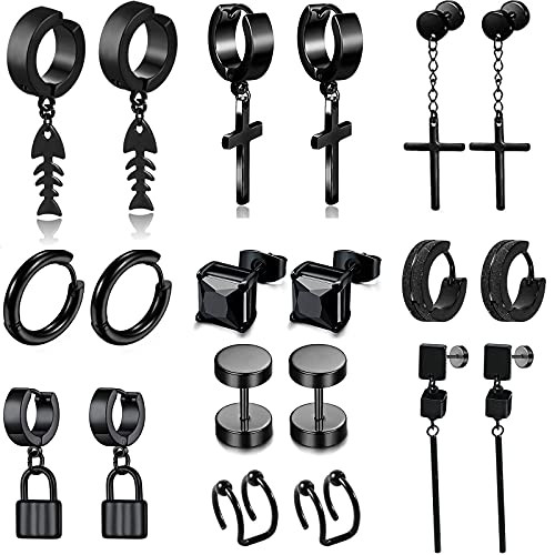 Men Simple Earrings Black Set 20 Pieces Cross Hoop Dangle Earrings Stainless Steel Diamond CZ Stud for Women Girls Huggie Ear Cuff Vintage Hypoallergenic Hinged Piercing Long Chain Kpop Unisex Gift