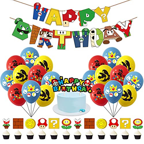 Super Mario Birthday Party Supplies, Mario Happy Birthday Banner, 24 Latex Balloons,Mario Cake Toppers for Super Mario Theme Party Decoations