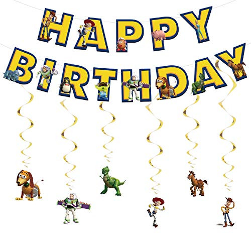 Taric Toy Story Birthday Banner, Cartoon Happy Birthday Banner with Hanging Swirls Decorations for Boys Girls Birthday Party Decorations