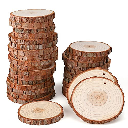 Wood Slices for Ornaments Unfinished Wood for Crafts-DIY Wood Coasters Wood Discs with bark 50 pcs 2.4-3.5 Inches Wood Circles Pre-drilled Wood Rounds with Hole for Arts Natural Wood Slices Christmas