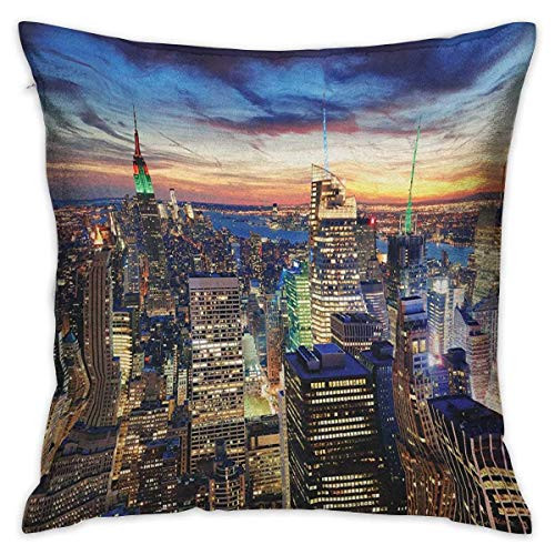 LJVHDSJT New York Square Slip Pillowcase Skyline of NYC with Urban Skyscrapers at Sunset Dawn Streets USA Architecture Orange Blue Cushion Cases Pillowcases for Sofa Bedroom Car