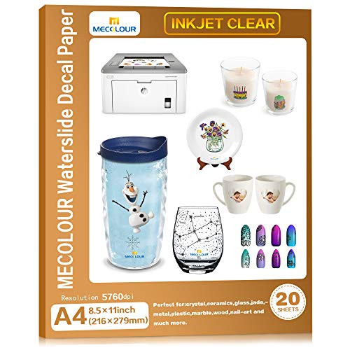MECOLOUR Premium Water Slide Decal Transfer Paper for Any Inkjet Printer A4 8.5x11 Inch 20 Sheets Clear Transparent Printable Waterslide Paper for Tumblers, Mugs, Glasses DIY