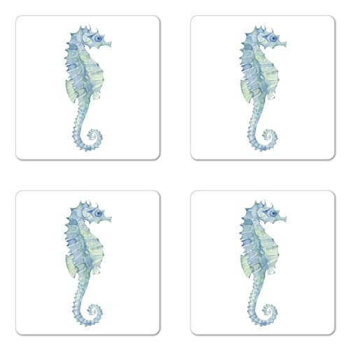 Lunarable Animal Coaster Set of Four, Profile Picture of a Seahorse in Paintbrush Watercolor Style with Haze Effects, Square Hardboard Gloss Coasters for Drinks, Pale Blue Green