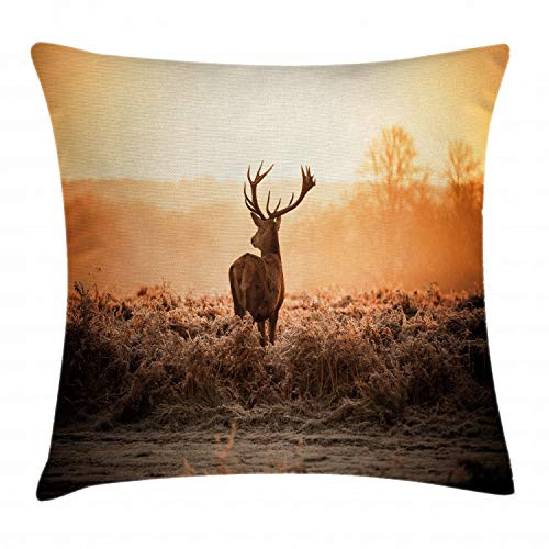 Ambesonne Hunting Throw Pillow Cushion Cover, Red Deer in The Morning Sun Wilderness Nature Scenery Countryside Rural Heathers, Decorative Square Accent Pillow Case, 18" X 18", Brown Orange