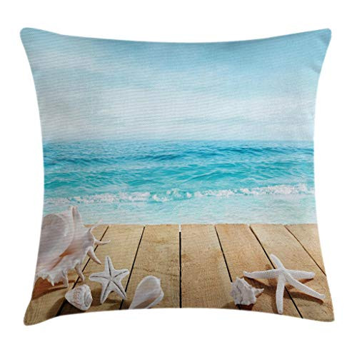Ambesonne Ocean Throw Pillow Cushion Cover, Wooden Boardwald Seashells Resort Sunshine Maldives Deck Waves Beach Theme, Decorative Square Accent Pillow Case, 18 X18 Inches, Sky Blue and Beige