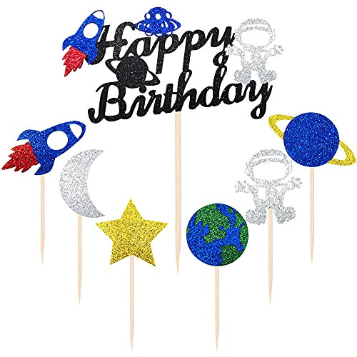 25 PCS Glitter Outer Space Cupcake Toppers Blast Off Rocket Ship Cake Topper Spaceship Cupcake Toppers for Baby Shower Kids Party Outer Space Themed Party Cake Decorations Supplies