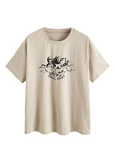 Romwe Women's Angel  and  Letter Graphic Print Short Sleeve Round Neck T Shirt Tee Tops Khaki L
