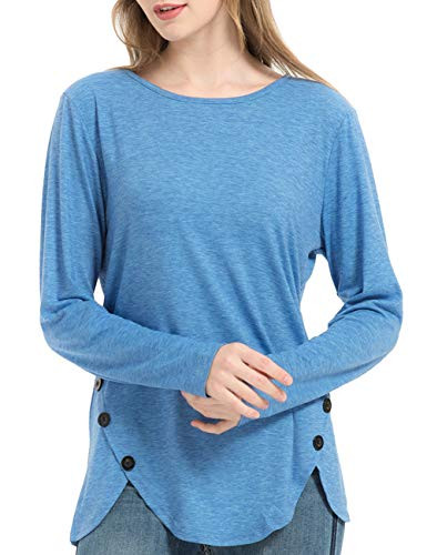 DISECAC Women Round-Neck Shirts Casual Loose Fit Tunic Top Baggy Comfy Blouse Blue