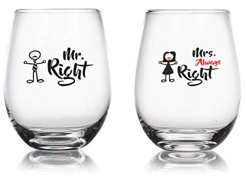 Mr. Right and Mrs. Always Right - 15 oz Novelty Wine Glass Combo - Engagement/Anniversary Gag Gifts for Couples - Funny Wedding/Birthday Glasses Gift for Men or Women - Bachelorette Party Favors