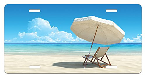 Lunarable Coastal License Plate, Scenic Picture of Lonely Chair Under Sky Sea and Coast Nature Remote Horizon, High Gloss Aluminum Novelty Plate, 5.88 L X 11.88 W Inches, Sky Blue White