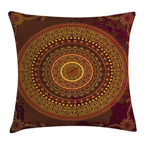 Ambesonne Mandala Throw Pillow Cushion Cover, Traditional Ethnic Mandala Chart Motif in Bohemian Cultural Ritual, Decorative Square Accent Pillow Case, 18 X 18 Inches, Maroon Olive Green Yellow