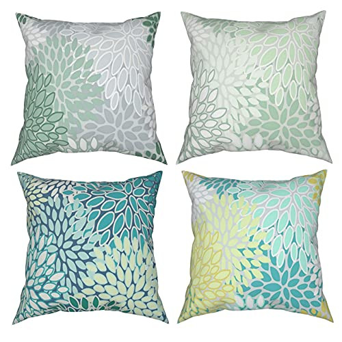 Set of 4 Decorative Pillow Covers 18x18 Inch Floral Pattern Teal Blue Abstract Summer Teal Modern Throw Pillow Covers Home Sweet Home Decorative Square Pillowcases Christmas Floral Cushion Case