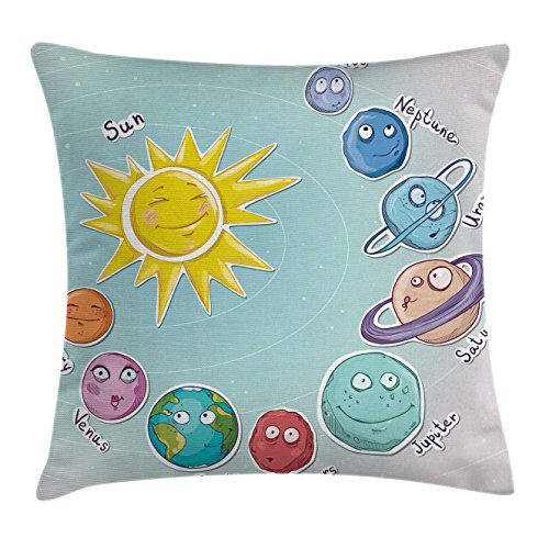 Ambesonne Space Throw Pillow Cushion Cover, Cute Cartoon Sun and Planets of Solar System Fun Celestial Chart Baby Kids Nursery Theme, Decorative Square Accent Pillow Case, 18 X 18 Inches, Multicolor