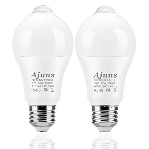 Motion Sensor Light Bulbs, 10W -100W Equivalent- Motion Activated Dusk to Dawn LED Light Bulb, Cool White 6000K Outdoor Indoor Sensor Security Light Bulbs, E26 Base, 2Pack