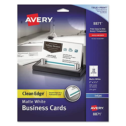 avery True Print Clean Edge Business Cards, Inkjet, 2 x 3 1/2, White, 200/Pack