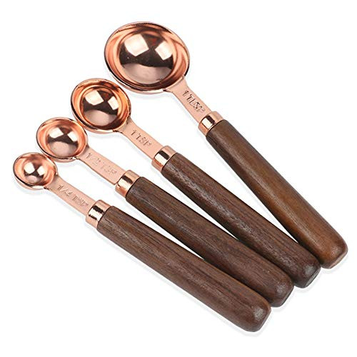 Stainless Steel Measuring Spoons Set,Kitchen Baking Measuring Cup Set of 4 Measuring Spoon Thickened Copper-plated Measuring Spoon Wooden Handle Seasoning Spoon Measuring Spoon Cup 8 Piece Set