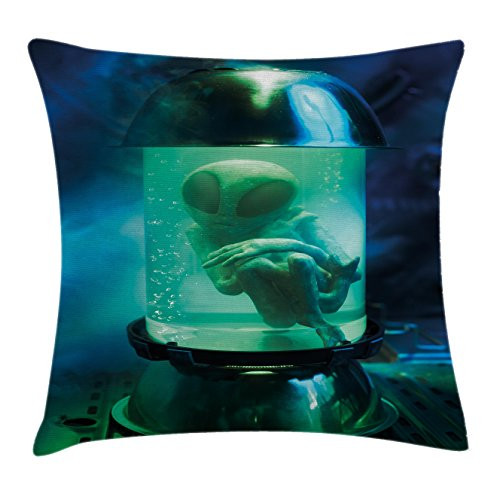 Ambesonne Outer Space Throw Pillow Cushion Cover, Martian UFO Alien in a Aquarium Like Tube Artwork Image, Decorative Square Accent Pillow Case, 18 X 18 Inches, Blue Sky Blue and Light Green