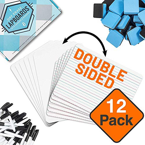 Dry Erase Lapboards Student Pack [12 Pack + 15 Markers/Erasers] 9" x 12" Double Sided with Lines | Small Mini White Dry Erase Boards for Students Whiteboards,Teacher Supplies, Classroom (12)