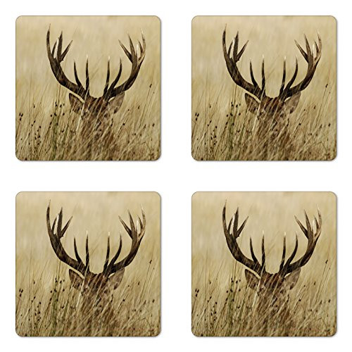 Lunarable Antler Coaster Set of Four, Whitetail Deer Fawn in Wilderness Stag in Countryside Rural Hunting Theme, Square Hardboard Gloss Coasters for Drinks, Brown Sand Brown
