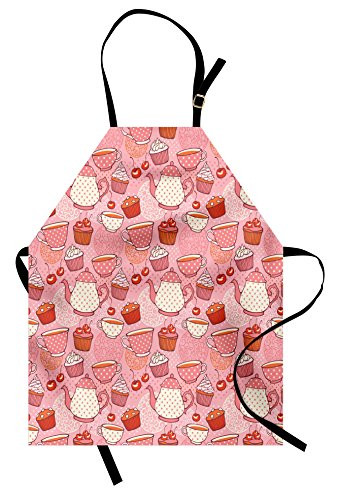 Ambesonne Cartoon Apron, Teapots Cups with Polka Dots Patterns Cherries Cakes Tea Coffee Pattern, Unisex Kitchen Bib Apron with Adjustable Neck for Cooking Baking Gardening, Pink Orange and Red