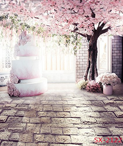 3X5FT-Happy Wedding Cake Flower Tree Photography Backdrops Brick Floor Background Props For Photo Studio