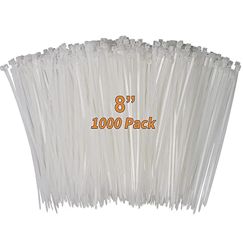 Cable Zip Ties 8 Inch -1,000 Packs-, Durable 40 LB Strength Nylon Electronic Cable Management Ties by Dekun -8 Inch, White, 1000 Pieces-