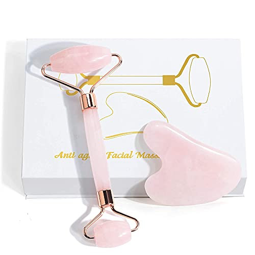 Jade Roller and Gua Sha Set, Gua Sha Facial Tools, Jade Roller for Face 100 percent Natural Jade Guasha Tool for Face, Neck and Eye Treatment Facial Roller for Skin Care Routine -pink- Jade Roller and Gua Sha Set, Gua Sha Facial Tools, Jade Roller for Face 100 percent Natural Jade Guasha Tool for Face, Neck and Eye Treatment Facial Roller for Skin Care Routine -pink-