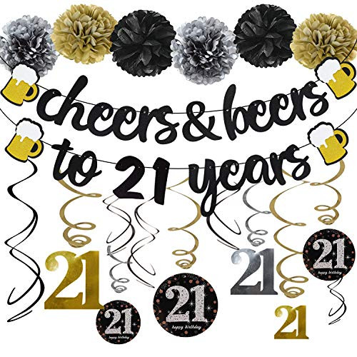 21th Birthday Party Decorations Kit Cheers and Beers to 21 Years Banner 6 Pom Poms 12-Pack Sparkling 60 Hanging Swirl for 21th Anniversary Decorations 21 Years Old Party Supplies 21th Birthday Party Decorations Kit Cheers and Beers to 21 Years Banner 6 Pom Poms 12-Pack Sparkling 60 Hanging Swirl for 21th Anniversary Decorations 21 Years Old Party Supplies