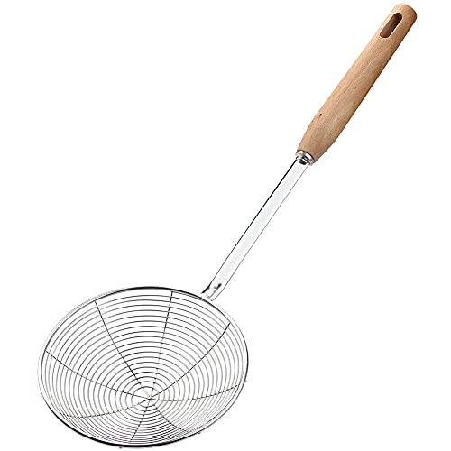 Strainer, 5.3 Inch Spider Strainer Skimmer, Spider Strainer with Wood Handle, Pasta Strainer Slotted Spoon Stainless Steel Wire Skimmer Ladle Strainer for Kitchen Cooking Frying Food
