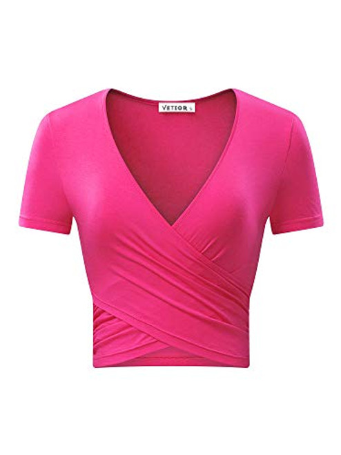 VETIOR Women's Deep V Neck Short Sleeve Unique Cross Wrap Slim Fit Crop Tops -Large, Rose.-