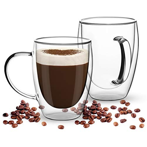 COMOOO 12oz Glass Coffee Mugs Set of 2 Double Walled Clear Glass Coffee Cups Insulated Glass Mugs with Handle for Coffee, Tea, Latte, Espresso, Cappuccinos -12oz, 2 Pack-