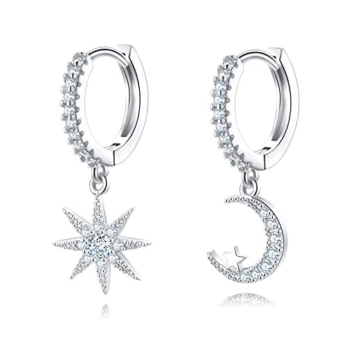 Moon Star 925 Sterling Silver Earrings For Women Girls, Dainty Drop/Dangle Huggie Earrings with Cubic Zirconia Unique Jewelry Gift-Silver- Moon Star 925 Sterling Silver Earrings For Women Girls, Dainty Drop/Dangle Huggie Earrings with Cubic Zirconia Unique Jewelry Gift-Silver-