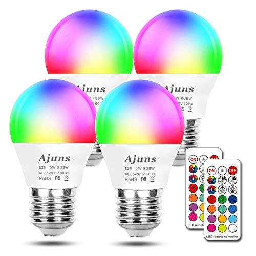 Color Changing Light Bulbs 5W Equivalent 40W RGB LED Light Bulbs, with Remote Control E26 LED RGBW Bulb Dimmable , Suitable for Family, Stage Party, 4 Packs
