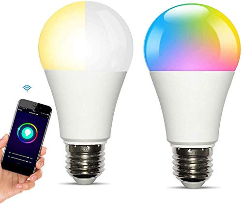AWQM Smart WiFi Light Bulbs Work with Alexa Echo Google Home, RGBCW Color Changing Dimmable Cold Warm Light, E27 10W-60W Equivalent-1000 Lumen 2700-6500K Remote Control No Hub Required, White-2 Packs-