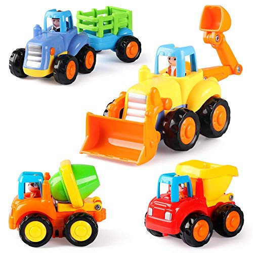 Early Education 1 2 3 Year Olds Baby Friction Powered Cars Construction Vehicles Toy Set Cartoon Push and Go Car Tractor, Bulldozer, Cement Mixer Truck, and Dumper for Children & Kids Boys & Girls