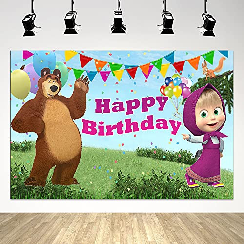 Masha and The Bear Backdrop Cartoon Party Supplies Happy Birthday Baby Shower Banner Green Grass Kids Children Photography Background 5x3ft Photo Studio Props