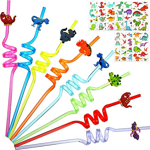 24 Pieces Reusable Dinosaur Straws Plastic Dinosaur Straws and 10 Sheets Dinosaur Temporary Tattoos for Kids Safari Jungle Dinosaur Theme Straws for Dinosaur Party Decoration Birthday Party Supplies