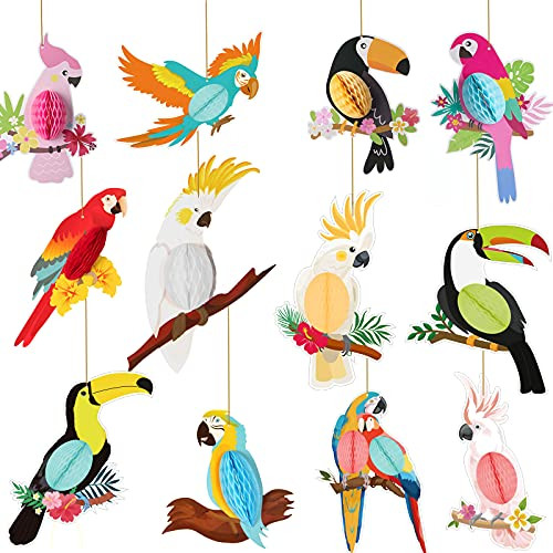 12 Pieces Tropical Birds Honeycomb Parrot Honeycomb Hanging Decorations Hawaiian Summer Beach Luau Birthday Tropical Birds Party Paper Cutouts for Tiki Luau Hawaiian Party Home Classroom Supplies