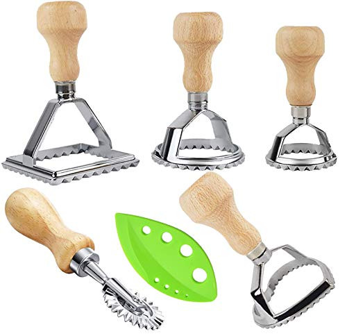 5 Packs Ravioli Cutter Stamps Maker with Roller Wheel Set, Pasta Shape Maker Mold Pasta Press Kitchen Attachment for Ravioli, Pasta, Dumplings Lasagna, Pierogi, Leading Dough Cutter Press Stamps