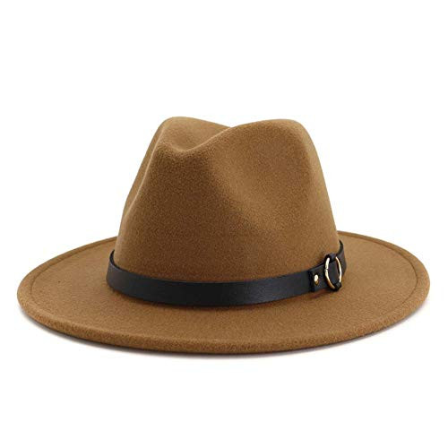 HUDANHUWEI Women's Classic Wide Brim Fedora Hat with Belt Buckle Felt Panama Hat Z2-Khaki