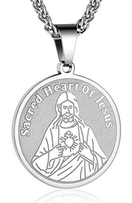 P. BLAKE Sacred Heart of Jesus Pendant Necklace Stainless Steel Religious Catholic Jewelry Round Medal with Chain Men Boys P. BLAKE Sacred Heart of Jesus Pendant Necklace Stainless Steel Religious Catholic Jewelry Round Medal with Chain Men Boys