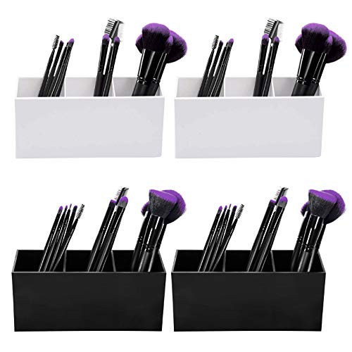 Jucoan 4 Pack Makeup Brush Holder Organizer, 3 Slots Acrylic Cosmetic Brushes Storage Organizer for Desk Dresser Vanity Bathroom Countertop -White, Black-