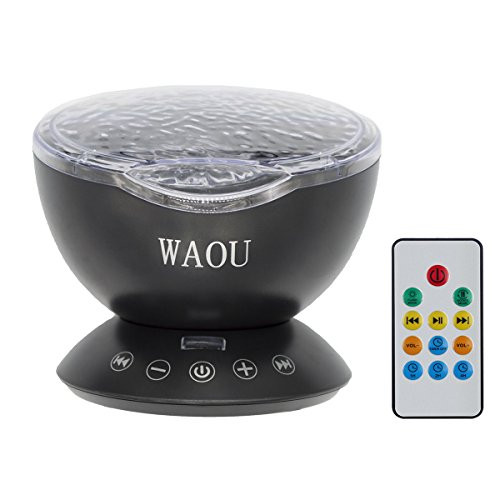 WAOU Remote Control Ocean Wave Projector Night Light Lamp Romantic Relax Multicolor Sleep Night Light With Built-in Music Player In Bedroom Living Room For Nursery Baby Kids Children Adults (Black)